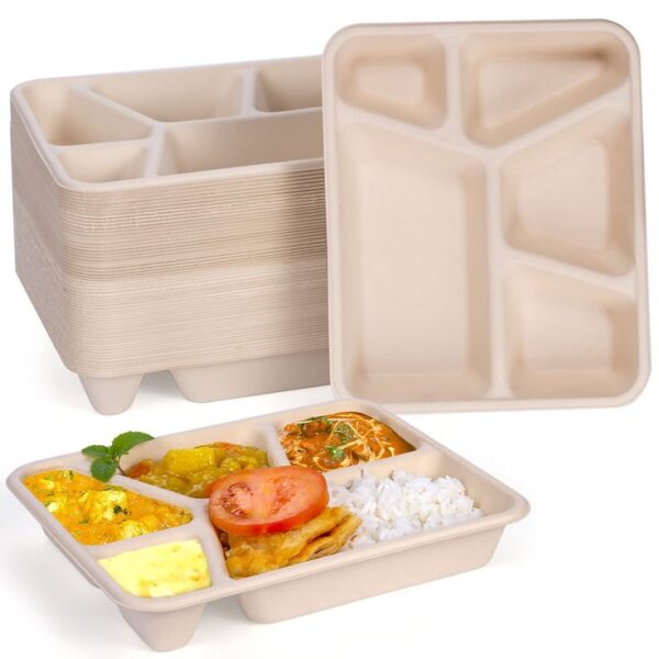 Five-Compartment Biodegradable Eco-Friendly Meal Trays Stack. (50psc)