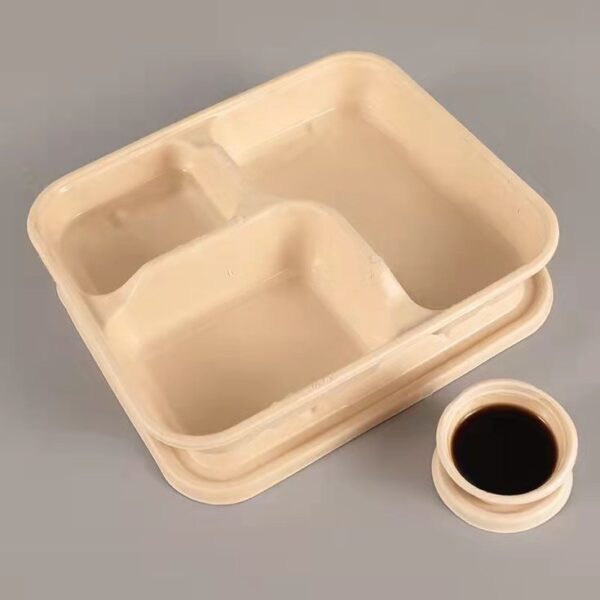 Three-Compartment Biodegradable Meal Trays with Matching Sauce Cups (50psc)
